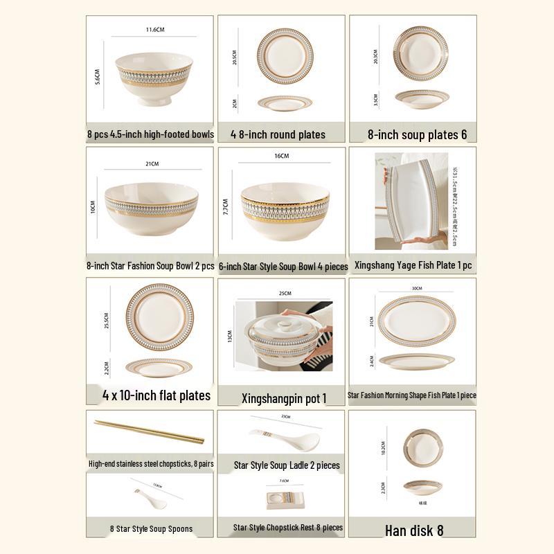 European Style Gold Rim Ceramic Dinnerware Set - Includes Large Bowls, Soup Bowls, Plates, and Rice Bowls for New Year Celebrations.