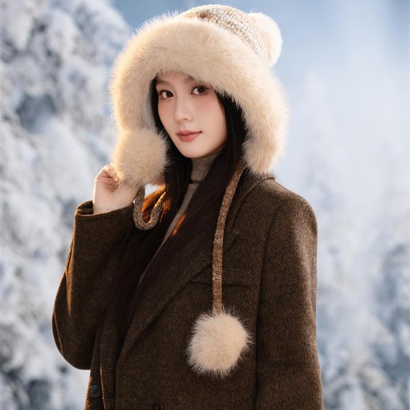 Ear Protection Knitted Thermal Hat Women's Autumn and Winter Piled Thickened Hairball Wool Colorful Hat