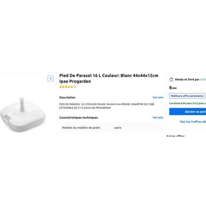 Base de parasol - EDM - Remplissable - 16 litres - Blanc - Carré