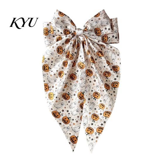 Trendy Satin Hair Bows Large Halloween for Women Girls, Vintage Ribbon Barrette Clips with Long Non-slip Spring Tails, Ghost/Pumpkin/Blood Mouth Print