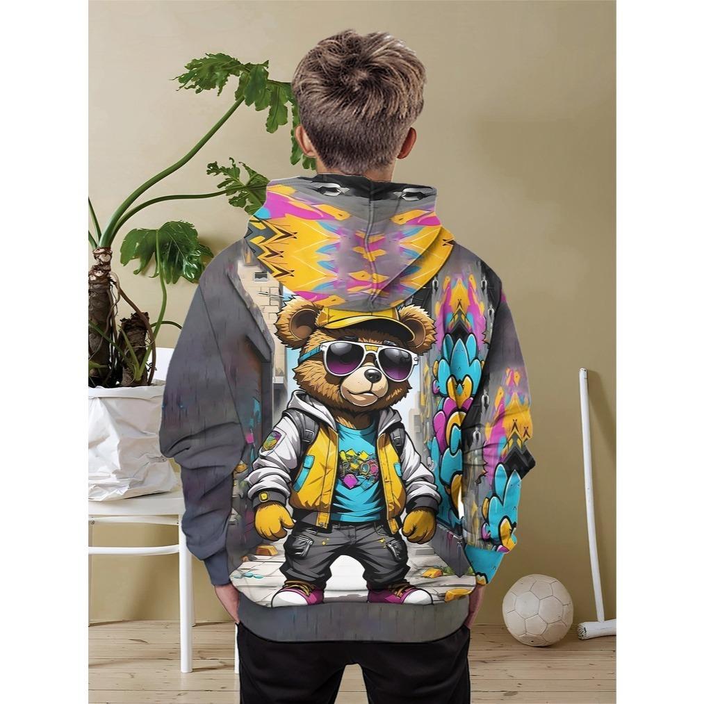 Boys' 3D digital printed hooded sweatshirt, elastic casual pullover, random urban street style design