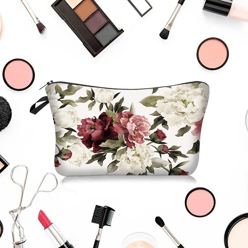 1pc Beautiful Peony Flower Pattern Printed Cosmetics Organizer Bag Women Handhold Bag Travel Makeup Storage Bag for Women Girls Xmas Gift