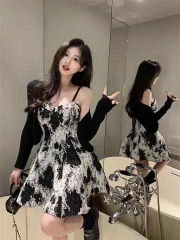 Pure Lust Spice Girl Slim Tie-dye Suspender Skirt Women's Summer Sunscreen Cardigan Sweet and Spicy Slim Dress Two-piece Set