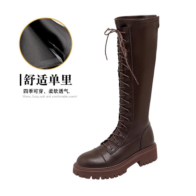 

Осенне-зимние длинные кожаные женские ботинки на шнуровке в рыцарском стиле, женские эластичные ботинки на толстой подошве с внутренней платформой, увеличивающей рост 36