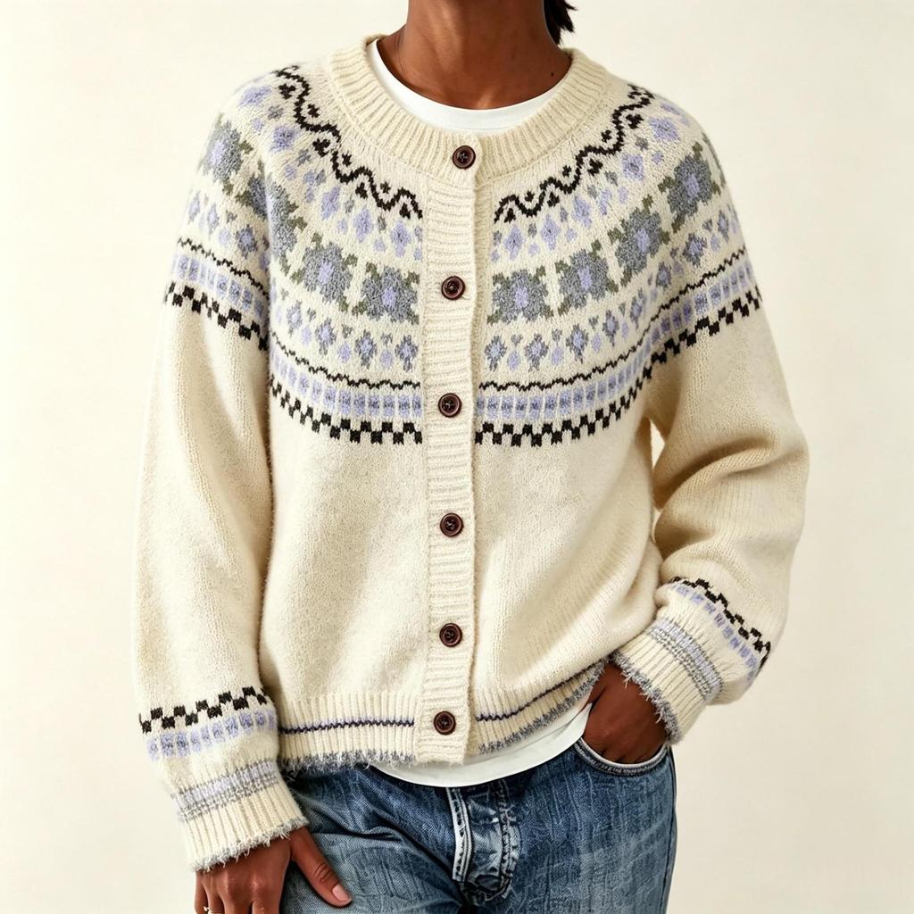 Women's 2026 Autumn/Winter Jacquard Knit Round Neck Snowflake Cardigan Sweater with Horn Buttons