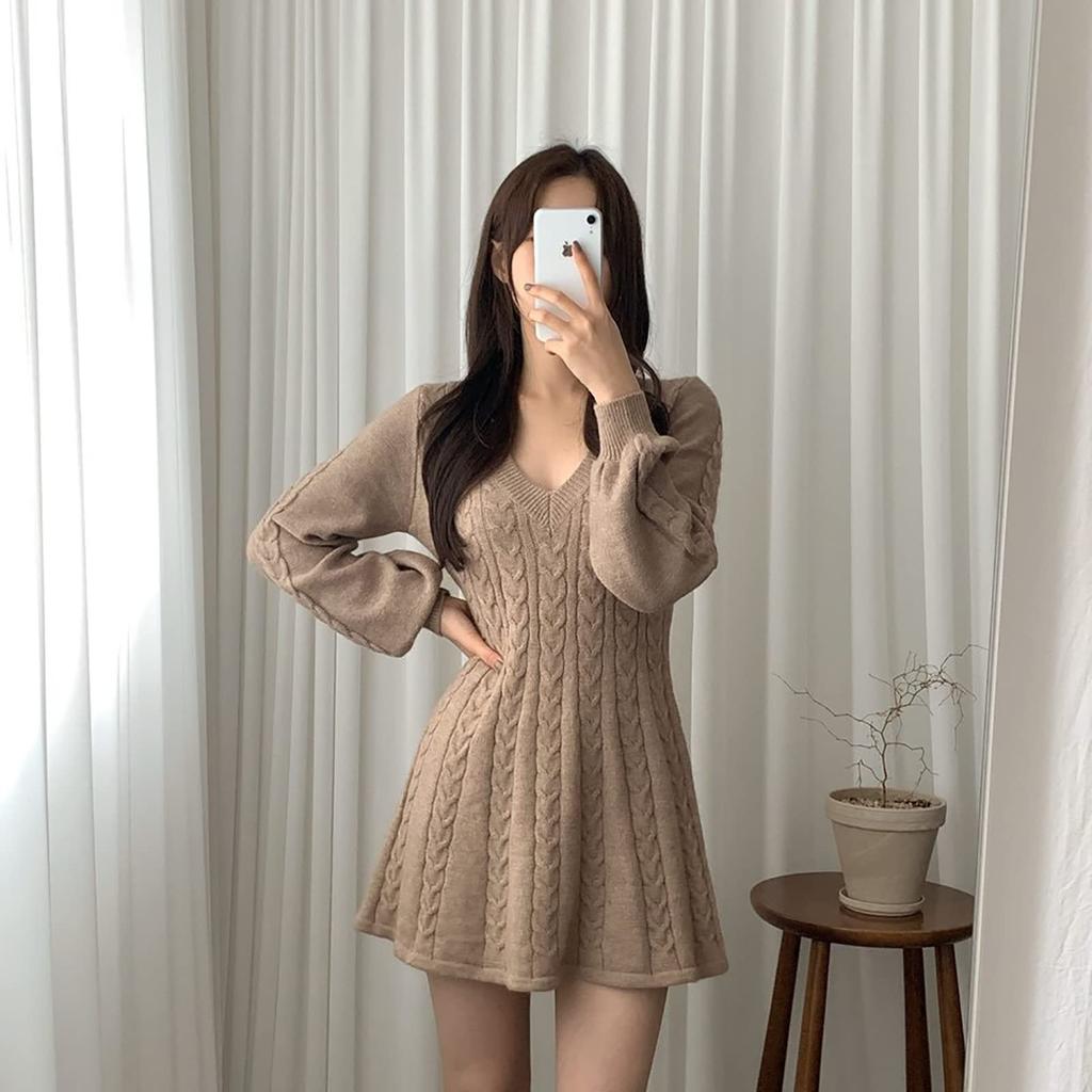 ZYOOFOV Knit Mini Long Ribbed Solid Cable Cut and Sew Korean Mori Winter Women's Dress, Length, Sleeve, V-Neck, A-Line, Knit, Color, Knit, Thick,