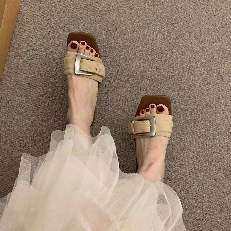 Thin Heels Are Not Tired, Feet Are Open-toed, Cool Slippers, Women Wear New Belt Buckles, Square Head, One-word Slips.