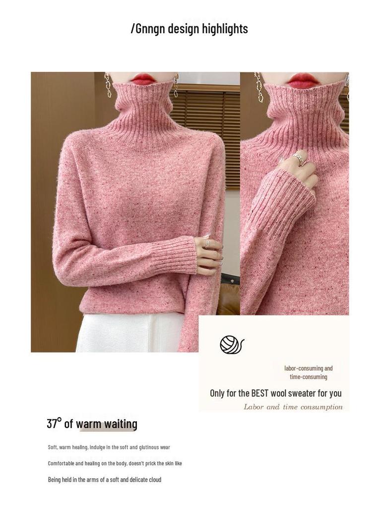 Damski sweter z wysokim dekoltem, o luźnym kroju, wykonany w 100% z wełny - Gruby, wszechstronny dziergany pulower na jesień i zimę