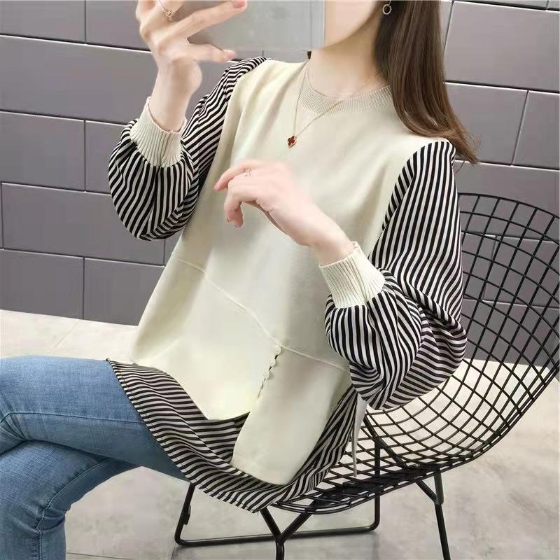 Korean Fashion Fake Two Pieces Blouse Women Casual O-neck Long Sleeve Patchwork Tops