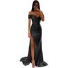 New Women's Off Shoulder Sequin Evening Dress High Slit Bodycon Maxi Party Gown for Formal Cocktail Prom Wedding Guest Events