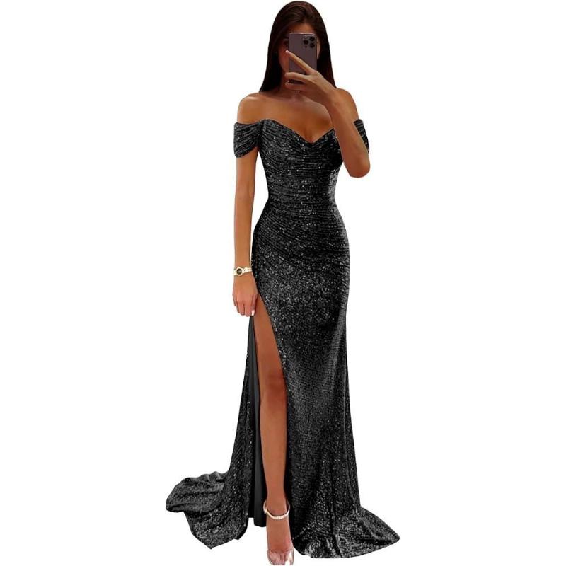 New Women's Off Shoulder Sequin Evening Dress High Slit Bodycon Maxi Party Gown for Formal Cocktail Prom Wedding Guest Events
