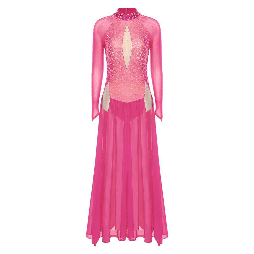 Vestido de Danza Lírica para Mujer con Pedrería Brillante, Manga Larga, Diseño sin Espalda, Chifón, Bajo con Abertura, Leotardo de Una Pieza