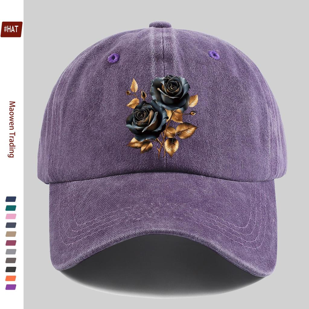 pc Baseball Cap with Black and Golden Rose Print Suitable for Spring and Summer Comfortable and Lightweight Decorative Hat A