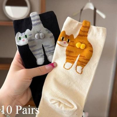10 pares de calcetines de mujer con estampado de dibujos animados de gatos y huevos en 3D, divertidos, de longitud media, suaves y transpirables.