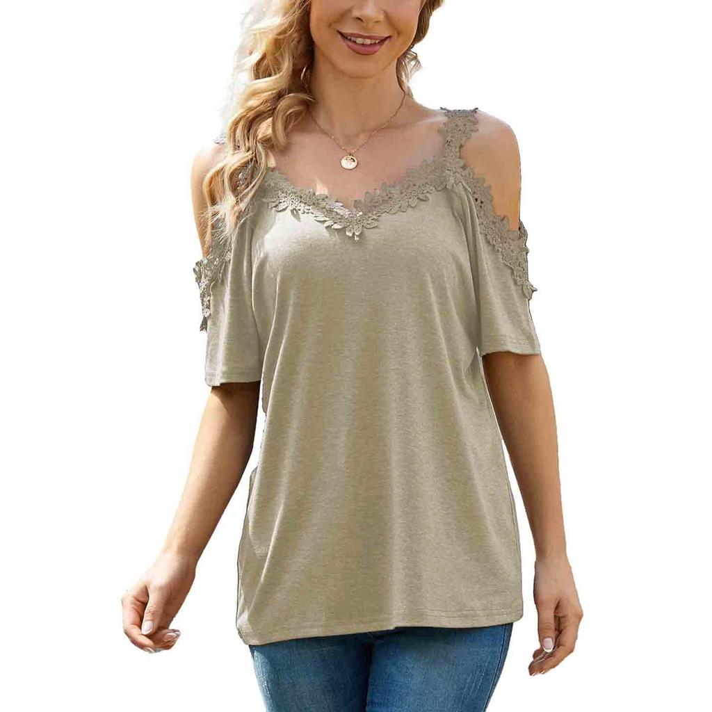 Women's Fashion V-Neck Splicing Lace Suspenders Hollow Loose Short-Sleeved Tops
