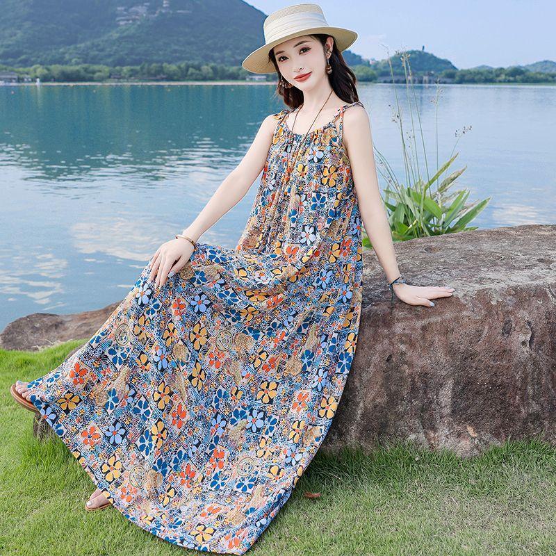 Fashion Floral Sleeveless Cotton Maxi Dress Summer Boho Style Casual Wear for Women