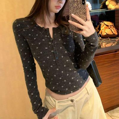 De Rong 270g Women's Floral Slim Fit Brushed Henley Long Sleeve Base Layer Top