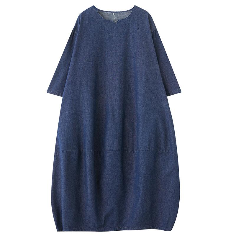 Vintage Long Sleeved Denim Dress 2025 New Plus-size Loose Blue Long Dresses for Women Autumn O Neck Casual Dress