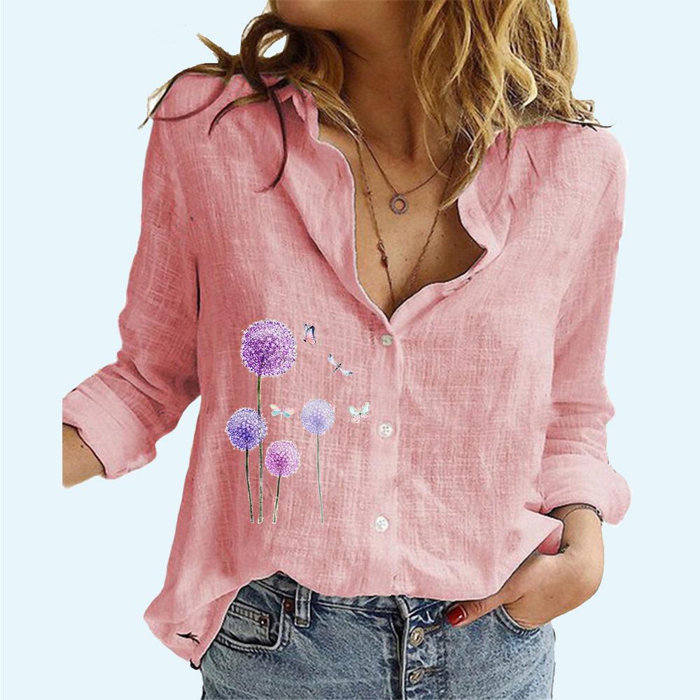 Women Fashion Cotton Linen Cardigan Shirt Ladies Casual Floral Print Long Sleeve Top Spring&Summer&Fall Loose Blouse