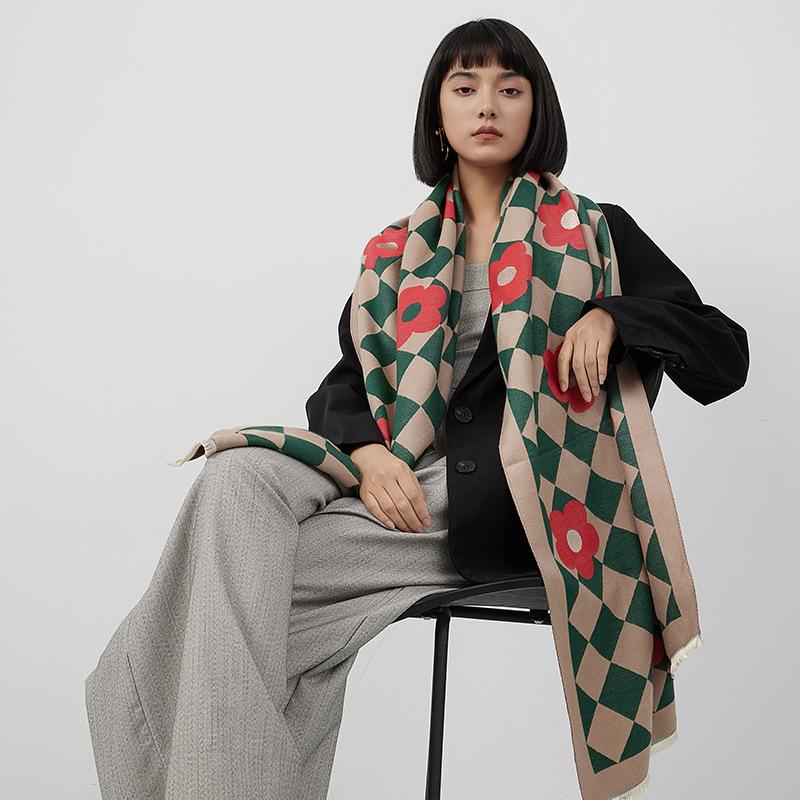 Imitation Cashmere Double-Sided Scarf Women'S Winter Versatile Dual-Purpose Shawl Thickened Warm Plaid Scarf