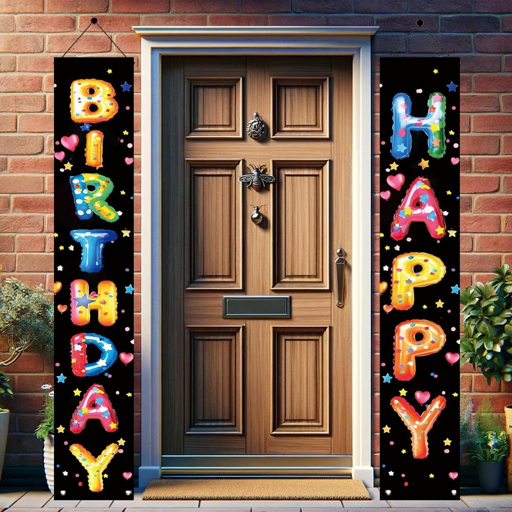 2PCS Happy Birthday Porch Hanging Banner Porch Sign Colorful Balloon Letters Party Decorations Birthday Party Supplies Door Banner Wall Hanging for