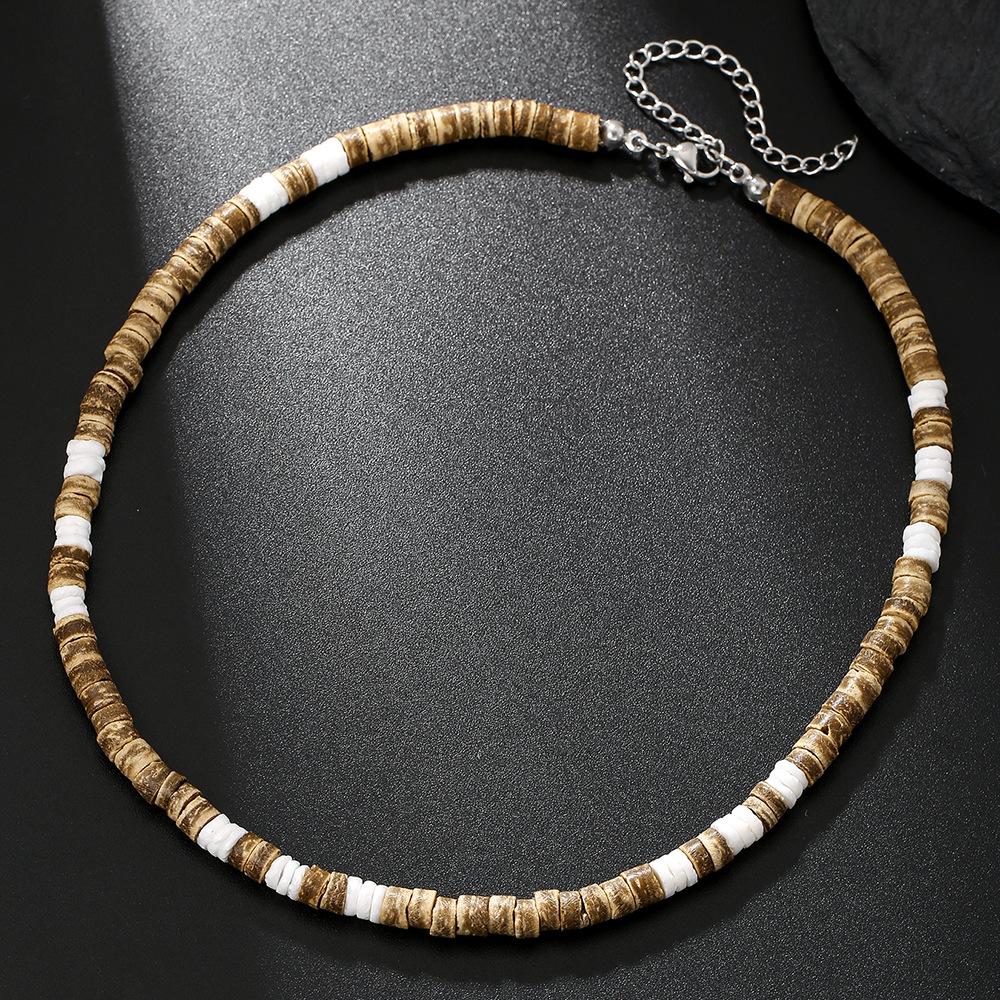 Summer Beach Bohemian Wood Chip Coconut Shell Necklace Men's Surf Necklace Simple Tribal Stainless Steel Necklace
