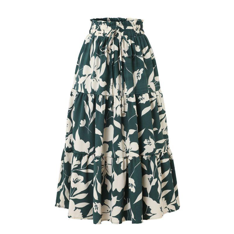 Printed Long Dress A Word Summer High-Grade Pleated Skirt Elastic Waist Women Clothes Print Long Dress Skirt