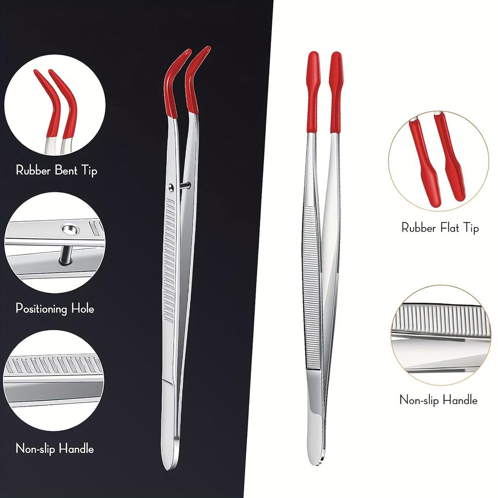 Tweezers of Different Sizes, Stamp Tweezers, Metal Sticker Tweezers with Soft PVC Coating, Flat Head, Elbow, Non-slip Angle Tweezers