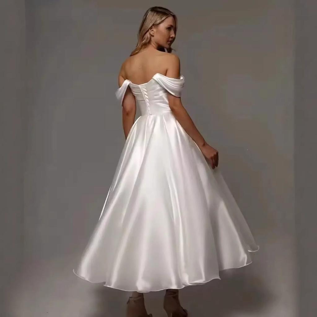 One-word Shoulder Travel Photo Light Wedding Dress with Strap-up Dress 11 New Simple Solid Color Temperament Banquet Dress Fluffy Skirt