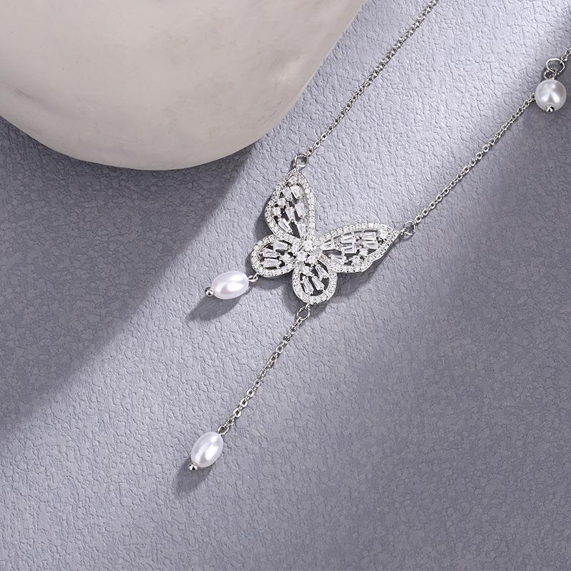 Elegant S925 Silver Butterfly Pearl Necklace with Tassel & Zircon Pendant for Women
