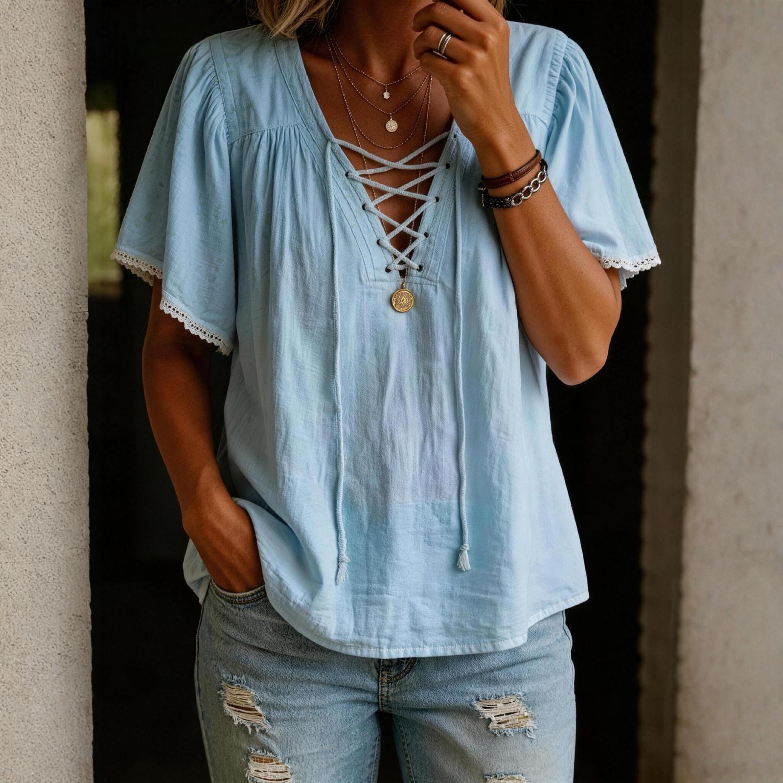 

Womens Spring Tops Lace-Up V Neck Loose Fit Summer Shirts for Women Casual Short Sleeve Blouse Dressy Tops for Women S