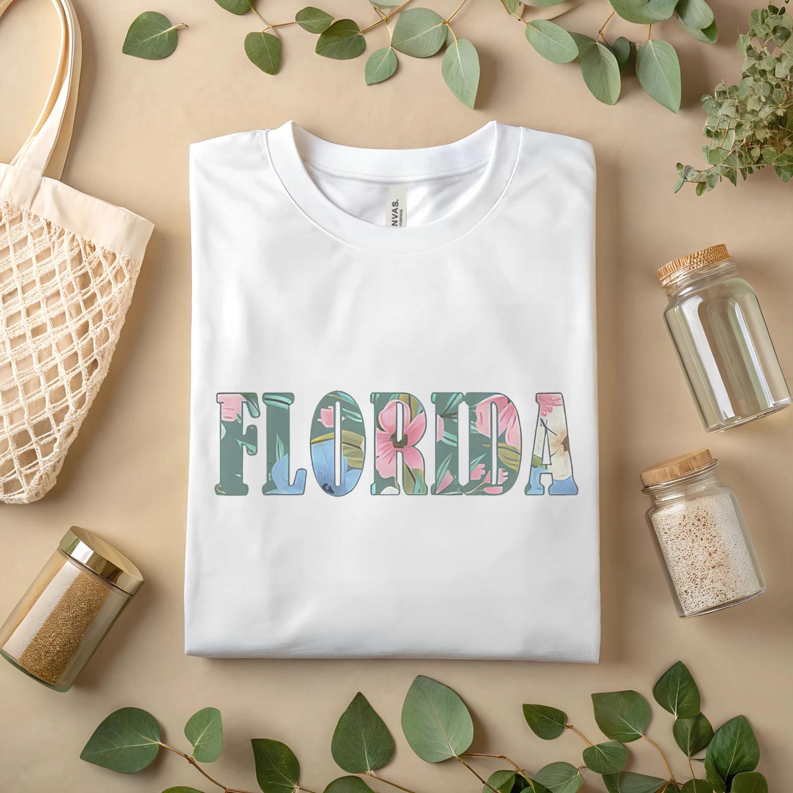Florida Tropical Floral Letter Print Tee, Summer Beach Vacation Travel A148 2XL