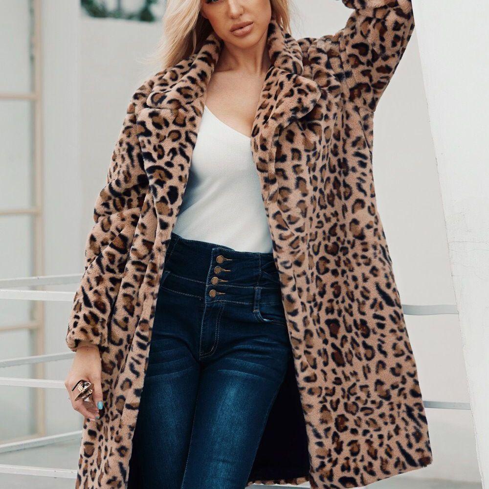 New leopard print imitation fur coat medium and long coat plush trench coat suit collar