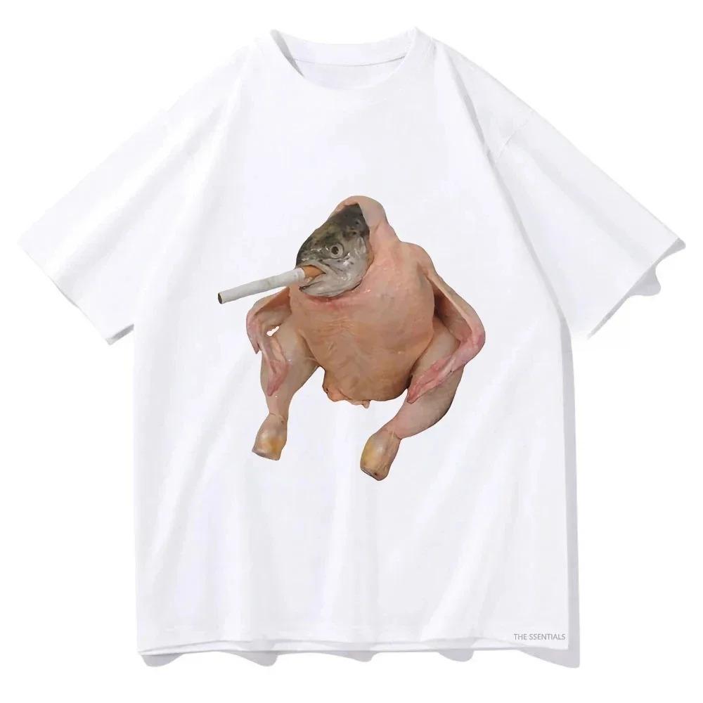 Women Clothing Harajuku Tee Graphic Tee Fish Face Chicken Smoking A Cigarette Meme Top Funny Tee Aesthetic Minimalist Loose Tee
