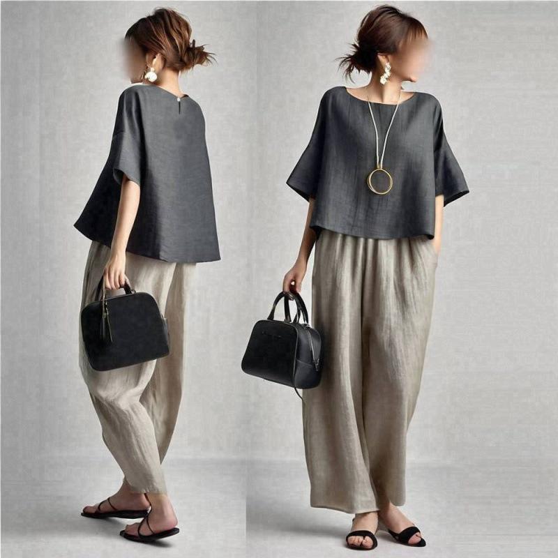 In-Stock 2026 Summer Japanese Round Neck Top & Wide-Leg Pants Set with Side Pockets Medium