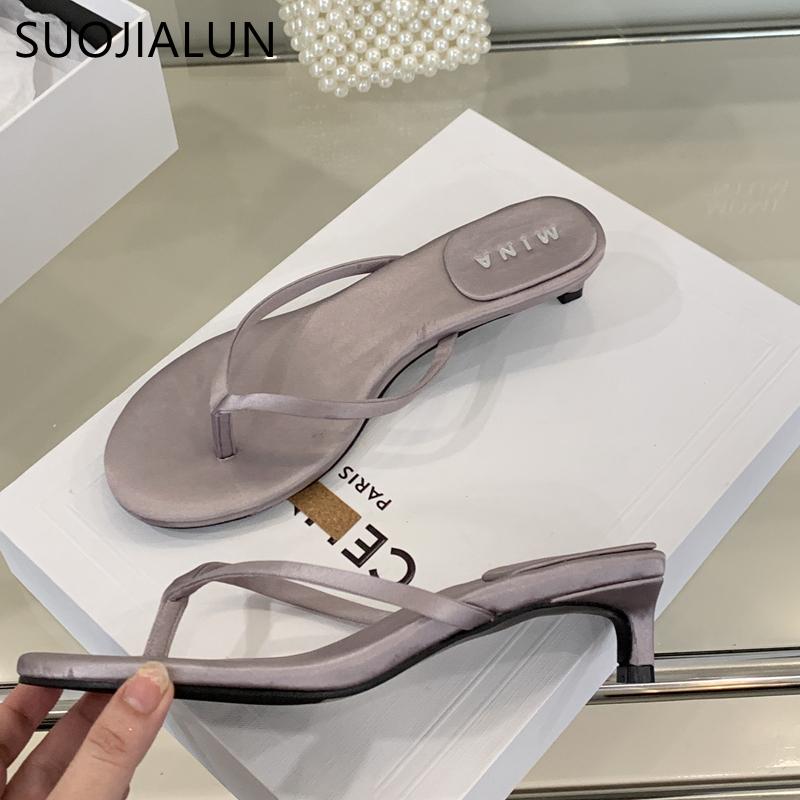 Fashion SUOJIALUN 2025 Summer New Brand Slipper Fashion Narrow Band Slip On Flip Flop Shoes Thin Low Heel Outdoor Dress Sandal Slides Sh