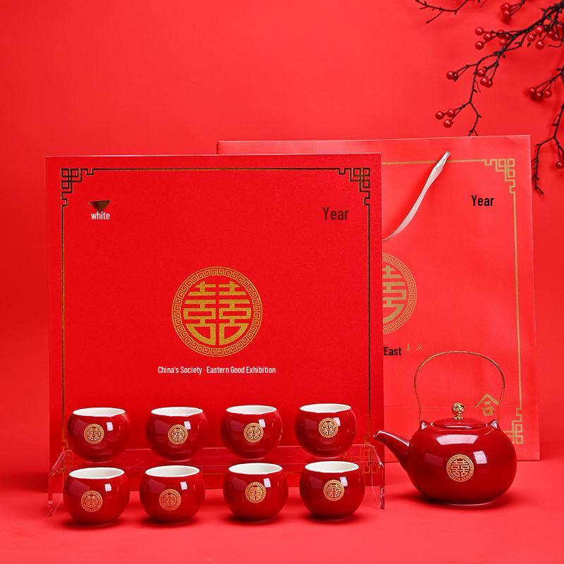 Red Chinese Wedding Tea Set: Complete Gift with Bride's Dowry Tray & Teapot