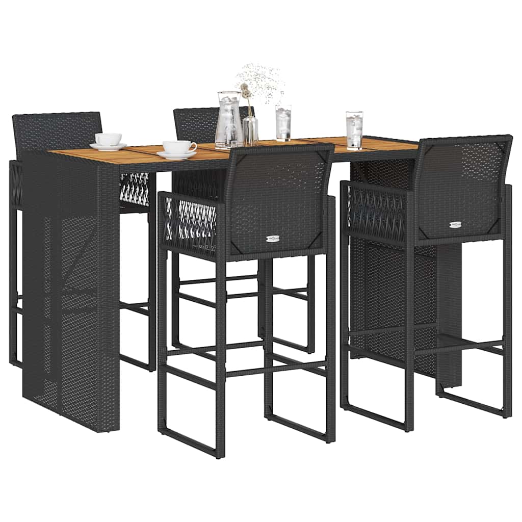 5 Piece Garden Bar Set without Cushions Black PE Rattan Acacia