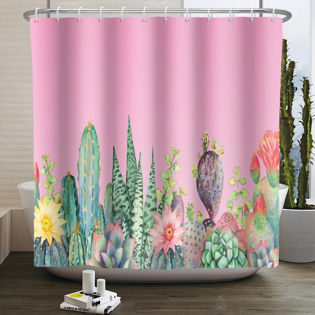 Tropical Cactus Print Shower Curtain Boho Plant Pattern Waterproof Fabric Shower Curtains Modern Bathroom Decor With Hooks