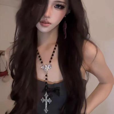 Y2K Beaded Cross Necklace - European & American Style, Black Bat Design, Cool Clavicle Chain