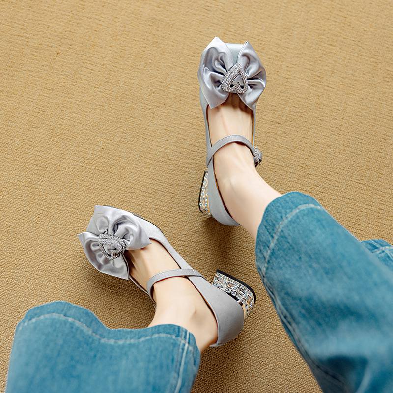 Krazing Pot Sheepskin Stain Summer Size 40 Crystal Med Heels Butterfly-knot Oriental Design Square Toe Elegant Wedding Pumps