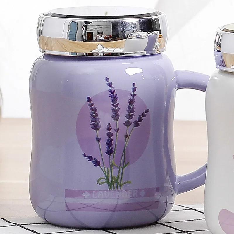 

Lavender Cartoon Ceramic Water Mug with Cover,Mirror Seal Leakproof Mug Fashion Cup Milk Juice cup Home Office Drinkware 500ml