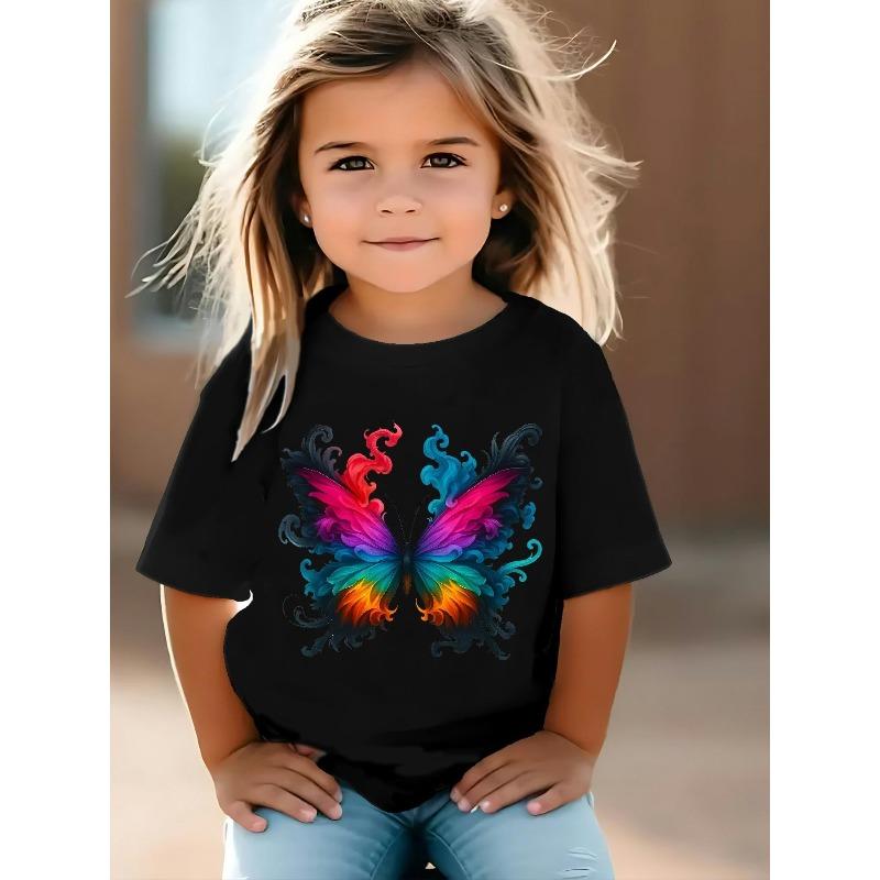 

European Size Girls Round Neck Short Sleeved T Shirt with Colorful Butterfly Pattern 98cm чёрный