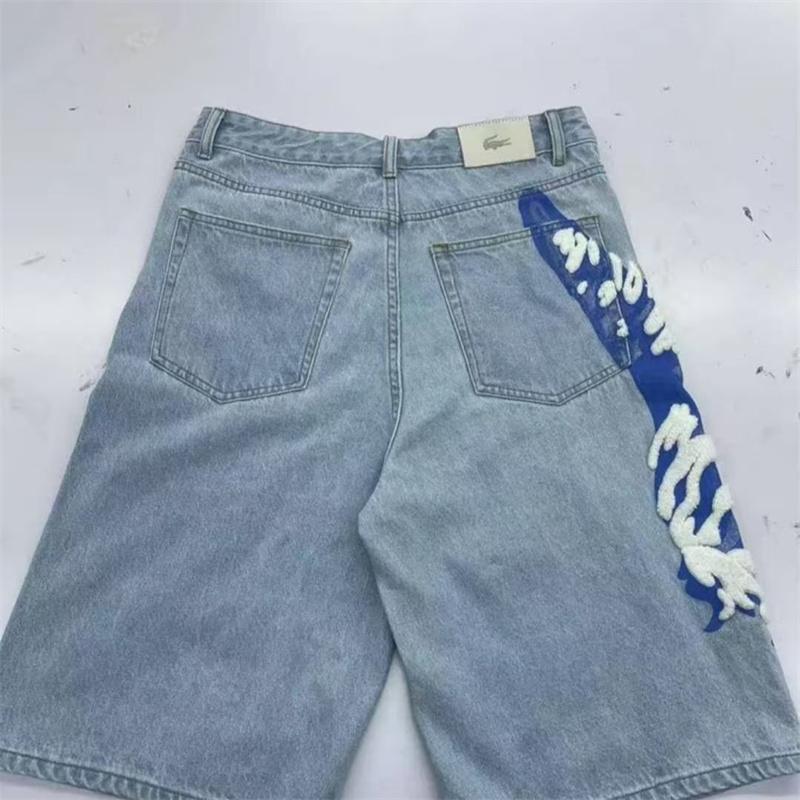 RogueWave Crocodile Embroidery Denim Shorts High Waist Loose Knee Length Trousers American Streetwear Jeans