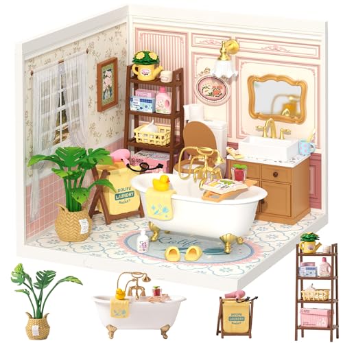 ROBOTIME Plastic DIY Miniature House Kit Dollhouse Miniature Food Toy Doll House with LED Lights Gift Craft Assembly Super Creator Pop Bubble Bathro