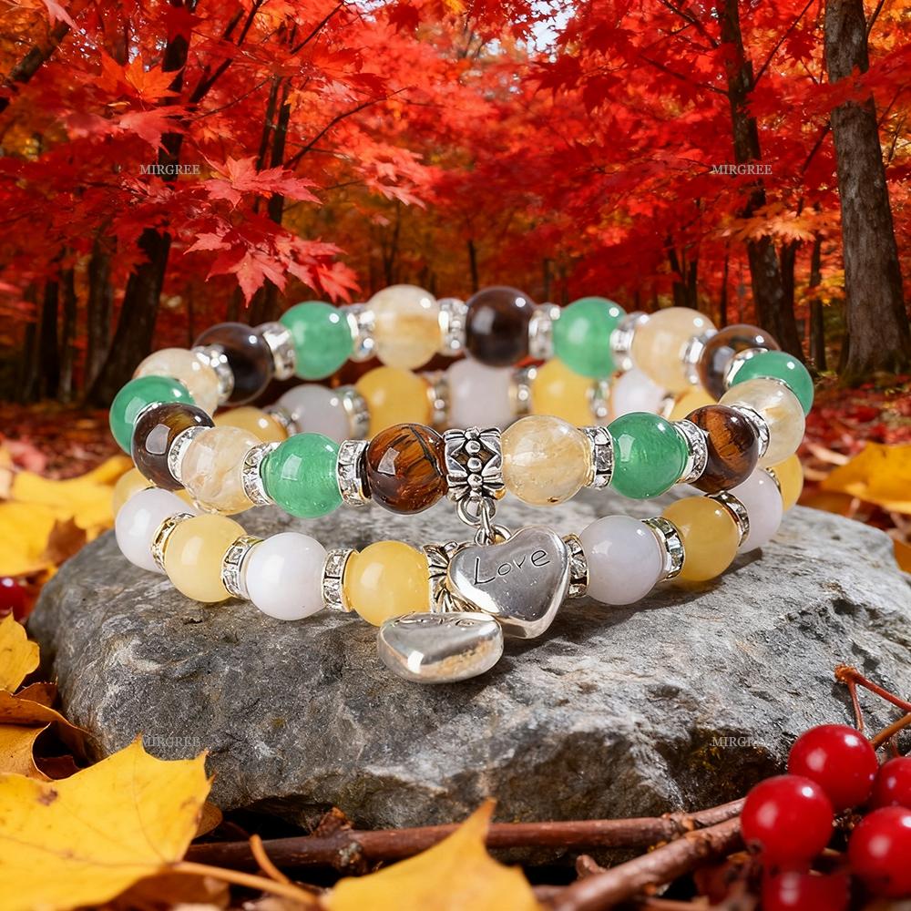 2pcs Bracelet Set, Multi-layer Bead Bracelet with Silver Heart Pendant, Ideal Gift for Crystal Enthusiasts and Bohemians