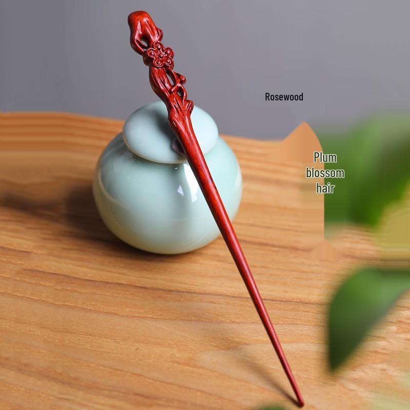 Red Sandalwood Women's Retro Hanfu Hairpins: Hollow Carved Moon Rabbit Wooden Ornaments