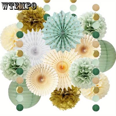 15 Stück Partydekorationen Salbeigrün und Gold Papier Pompons Blumen Papierfächer Oliv Salbei Gold Kreis Punkte Girlande für Salbei Geburtstagsparty Dekoration