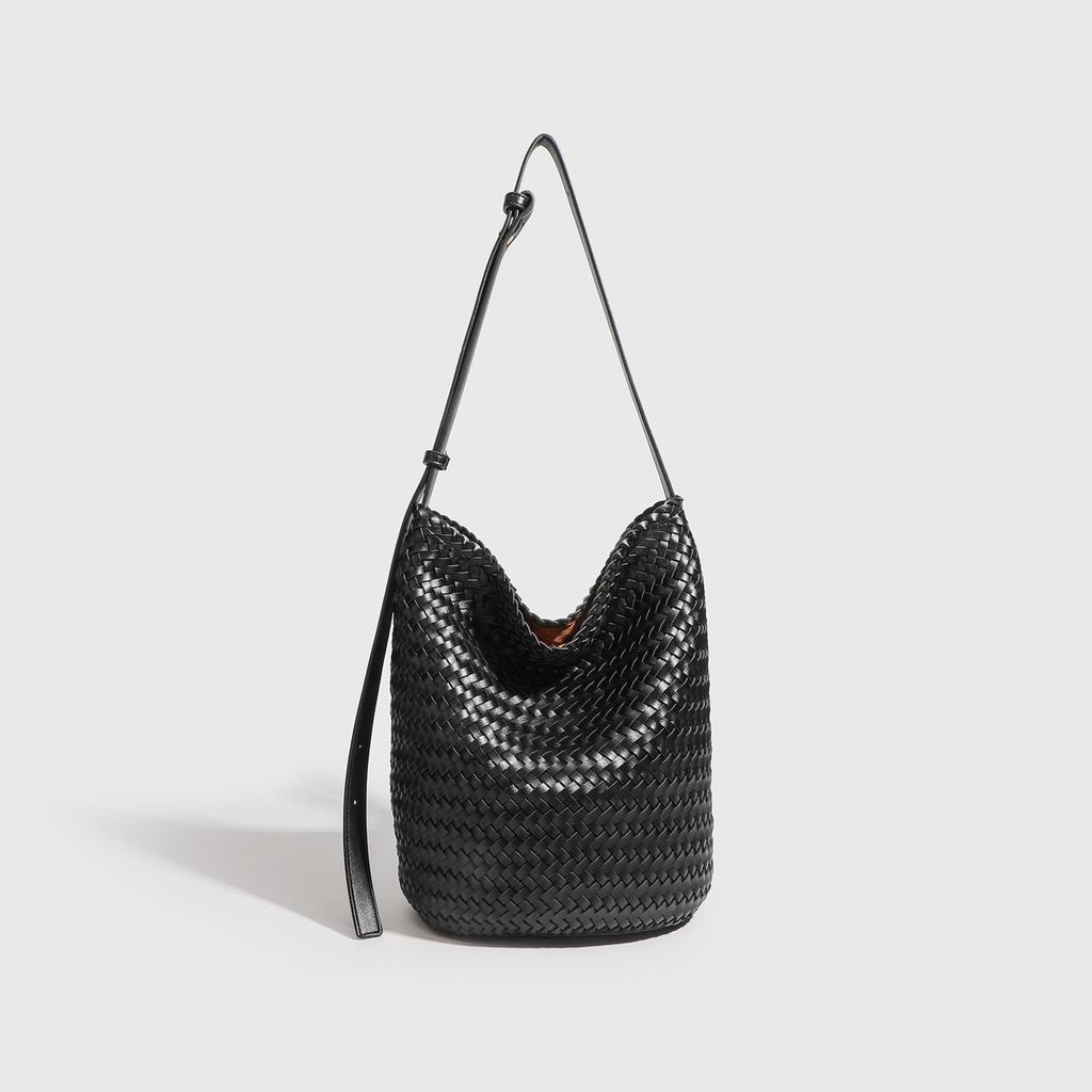 Borsa intrecciata a mano in pelle di mucca, Borsa a secchiello da donna di grande capacità, Borsa a tracolla crossbody casual per le vacanze