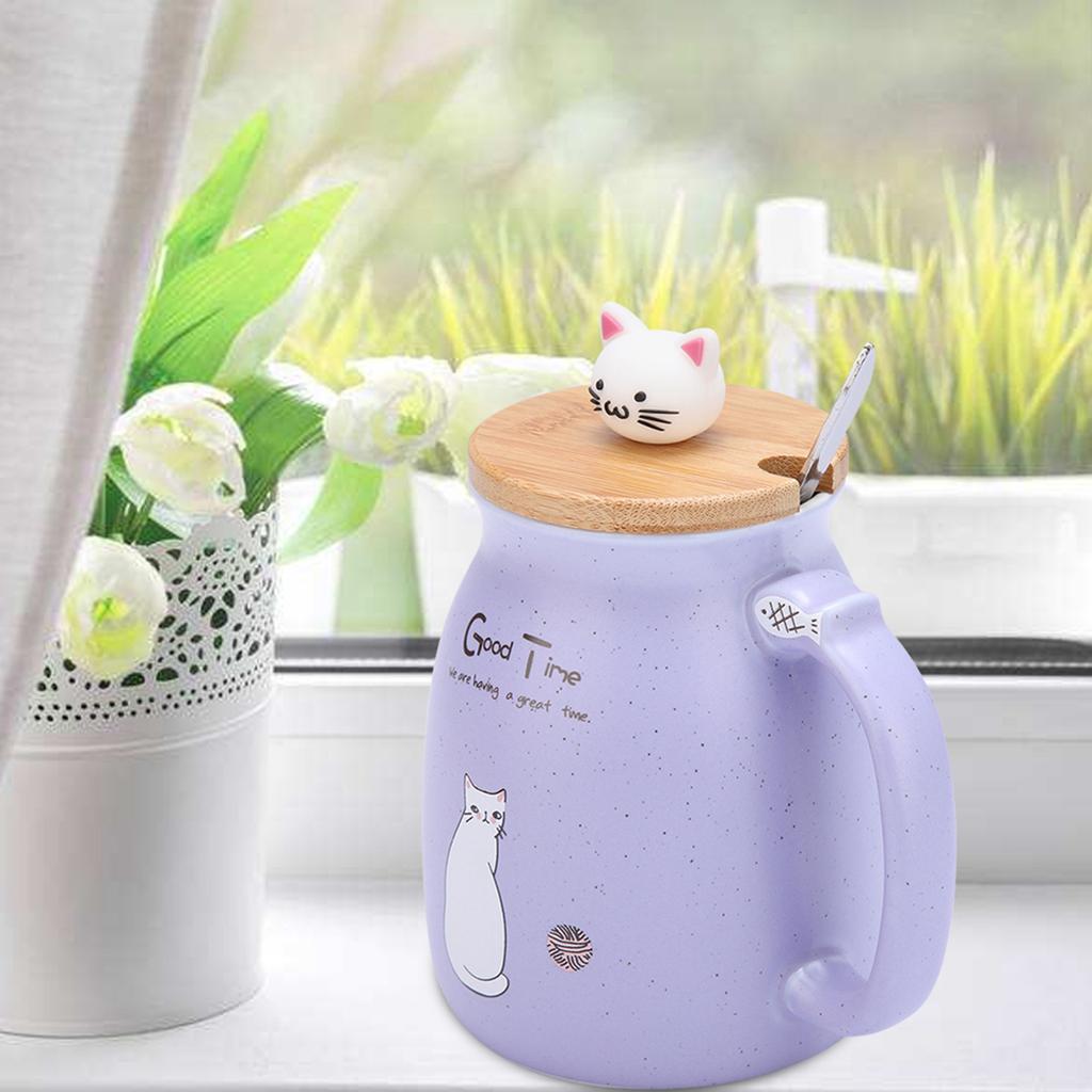 1Pc Lovely Cat Ceramic Cup with Spoon and Lid  Coffee Water Milk Mug for Drinkware Gift(Pink)